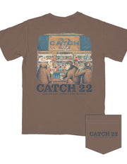 Catch 22 Brown Shirt with an illustration of three monkeys sitting at the Catch 22 bar 