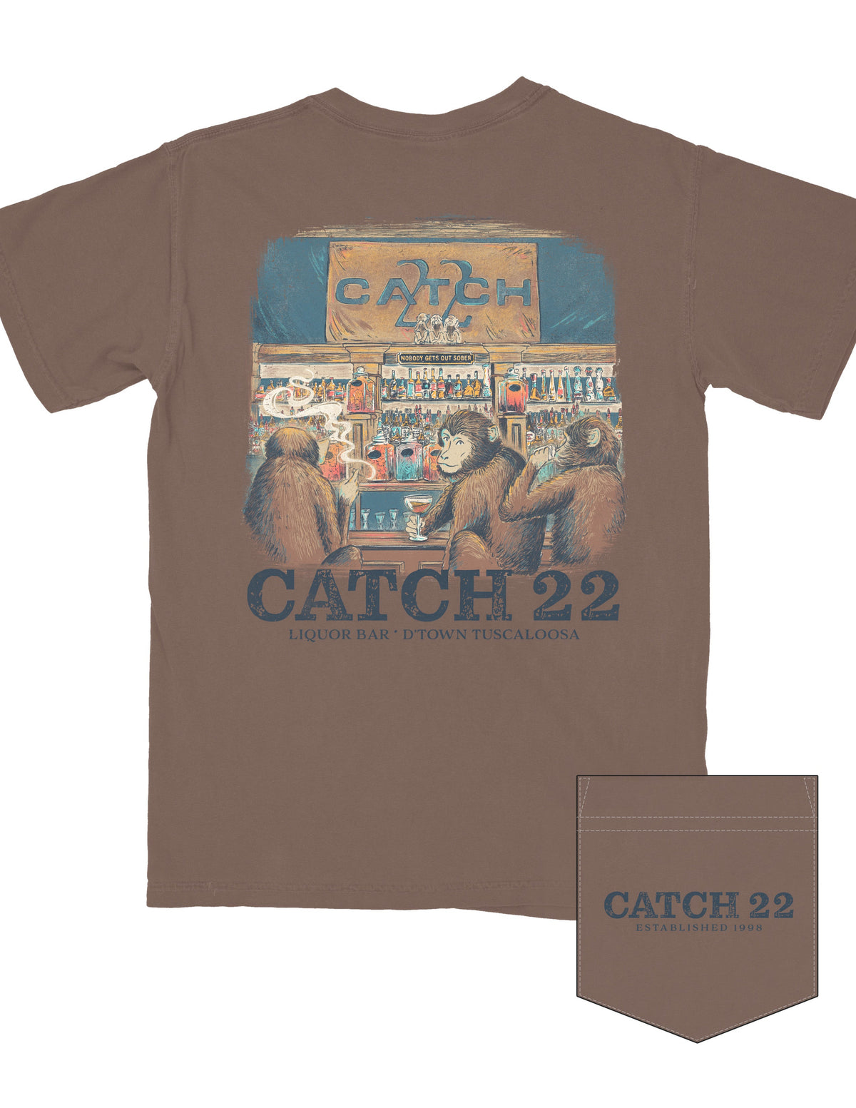 Catch 22 Brown Shirt with an illustration of three monkeys sitting at the Catch 22 bar 