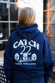 Catch 22 Navy Hoodie with Seafoam Green text “Catch 22 Liquor Bar D’ Town Tuscaloosa” and three monkeys playing peekaboo