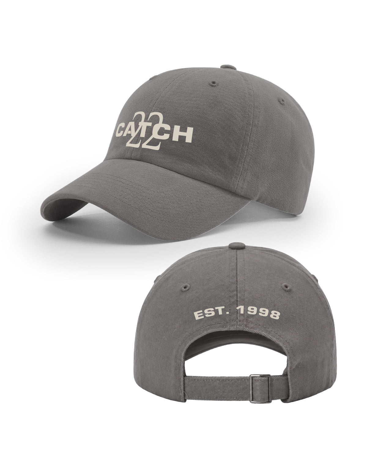 Catch 22 Grey Hat with a White embroidered Catch 22 logo on the front and text “EST. 1998” embroidered on the back