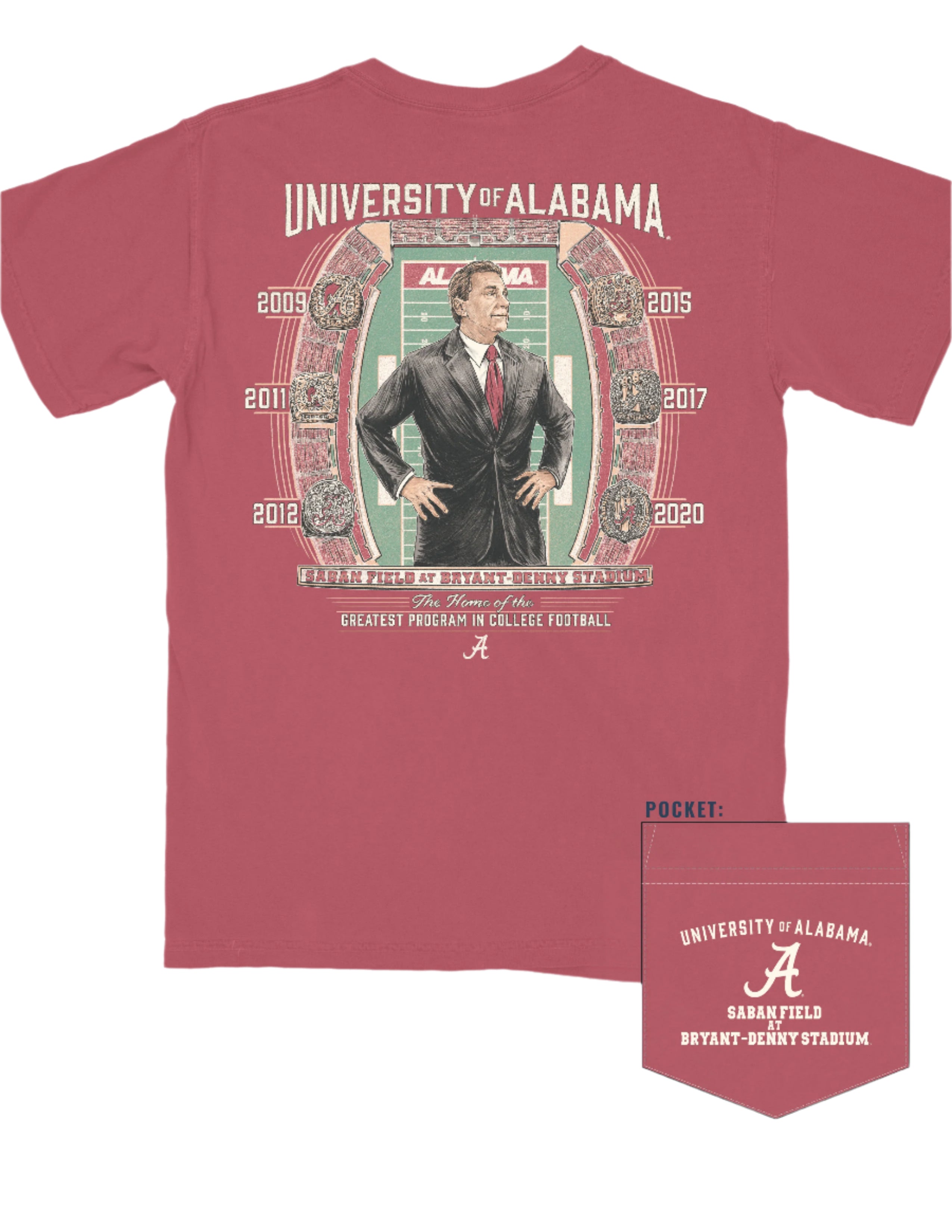 University of Alabama Champion Legacy at Saban Field Red Comfort Colors T-Shirt with an image of Nick Saban standing over Bryant-Denny Stadium surrounded by the years Alabama won the Football Championship