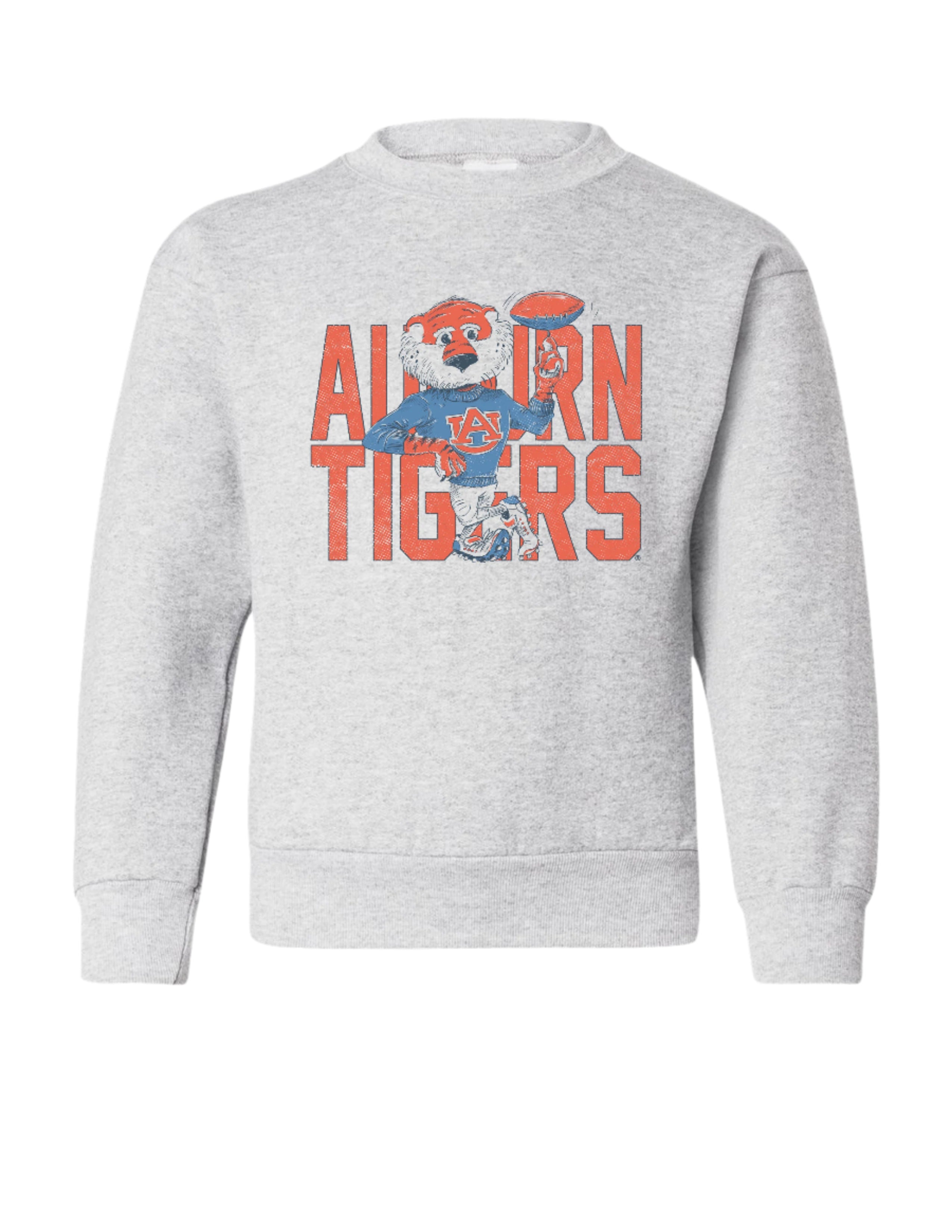 Auburn University Gray Chill Aubie Youth Sweatshirt with Orange text "Auburn Tigers" and a graphic of Aubie leaning against the "G" of "Tigers"