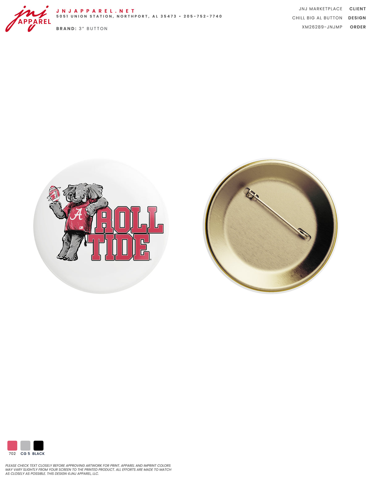 University of Alabama White Button with Red text "Roll Tide" and a graphic of Big Al leaning against the "R" of "Roll"