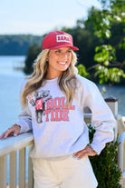 University of Alabama Gray Chill Big Al Sweatshirt with Red text "Roll Tide" and a graphic of Big Al leaning against the "R" of "Roll"