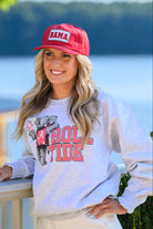 University of Alabama Gray Chill Big Al Sweatshirt with Red text "Roll Tide" and a graphic of Big Al leaning against the "R" of "Roll"