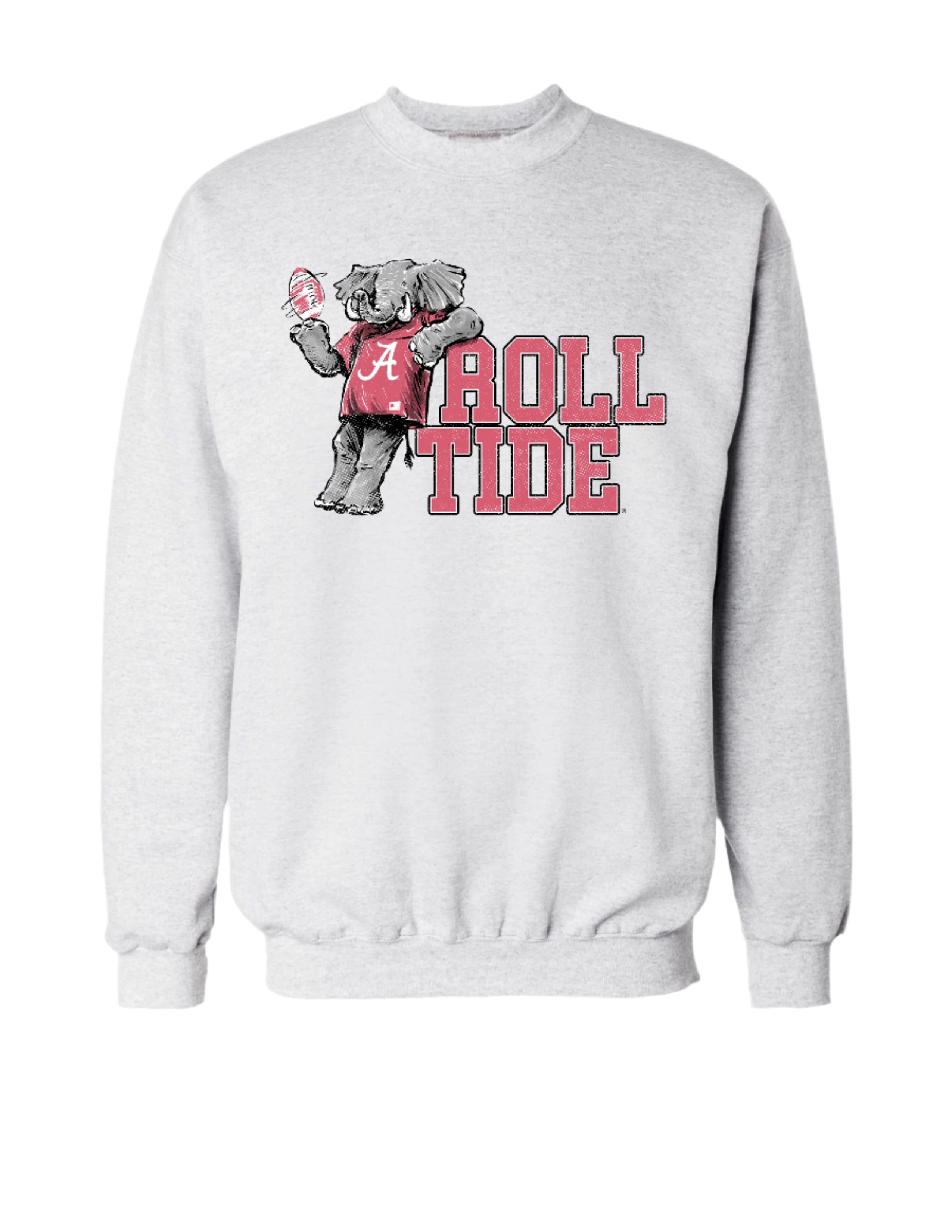 University of Alabama Gray Chill Big Al Sweatshirt with Red text "Roll Tide" and a graphic of Big Al leaning against the "R" of "Roll"