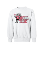 University of Alabama White Youth Chill Big Al Sweatshirt with Red text "Roll Tide" and a graphic of Big Al leaning against the "R" of "Roll"