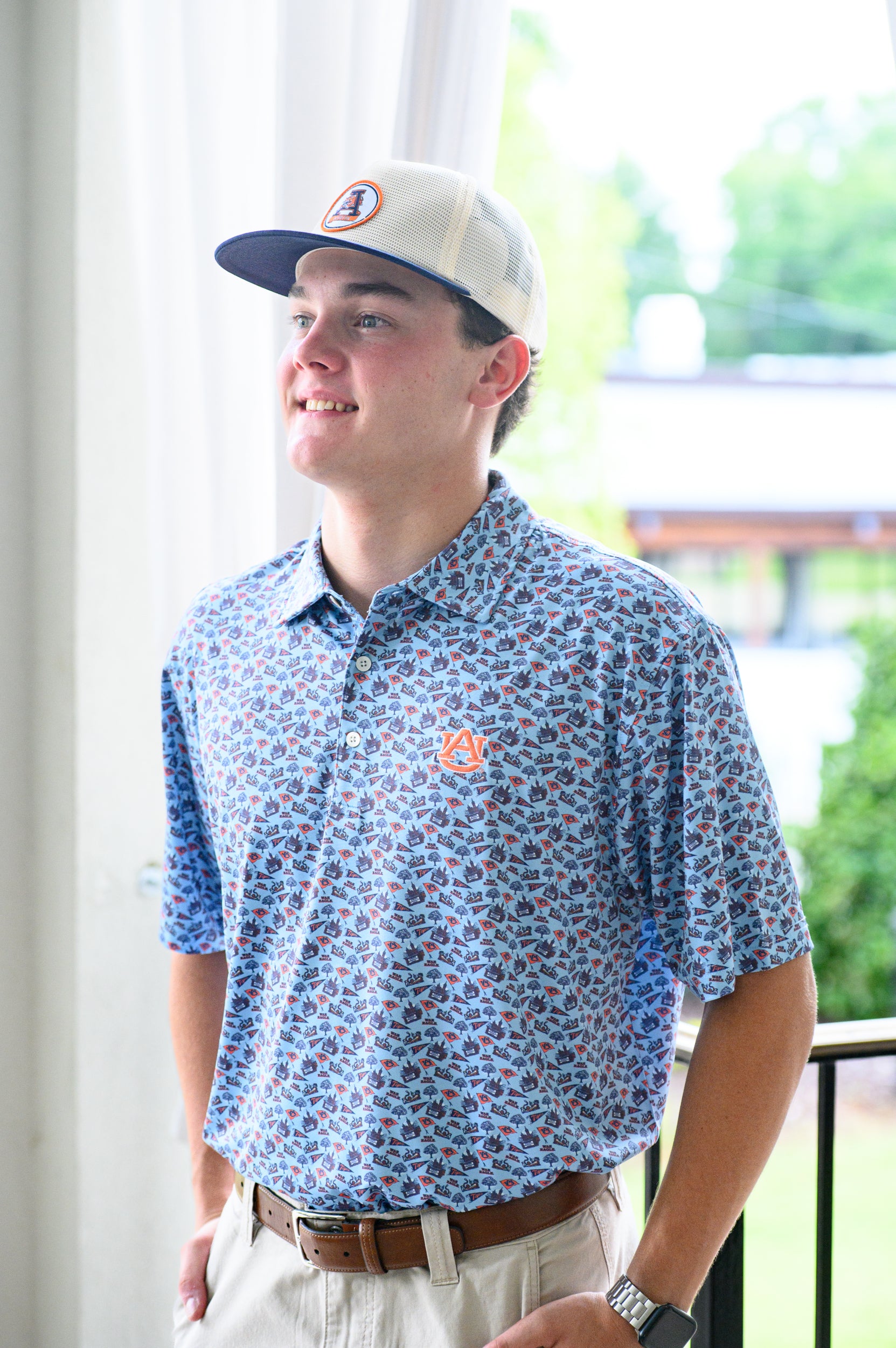 Auburn University Blue Men’s Patterned Polo with the AU Logo embroidery