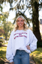 Ole Miss Light Grey Sweatshirt with Red text “University of Mississippi”