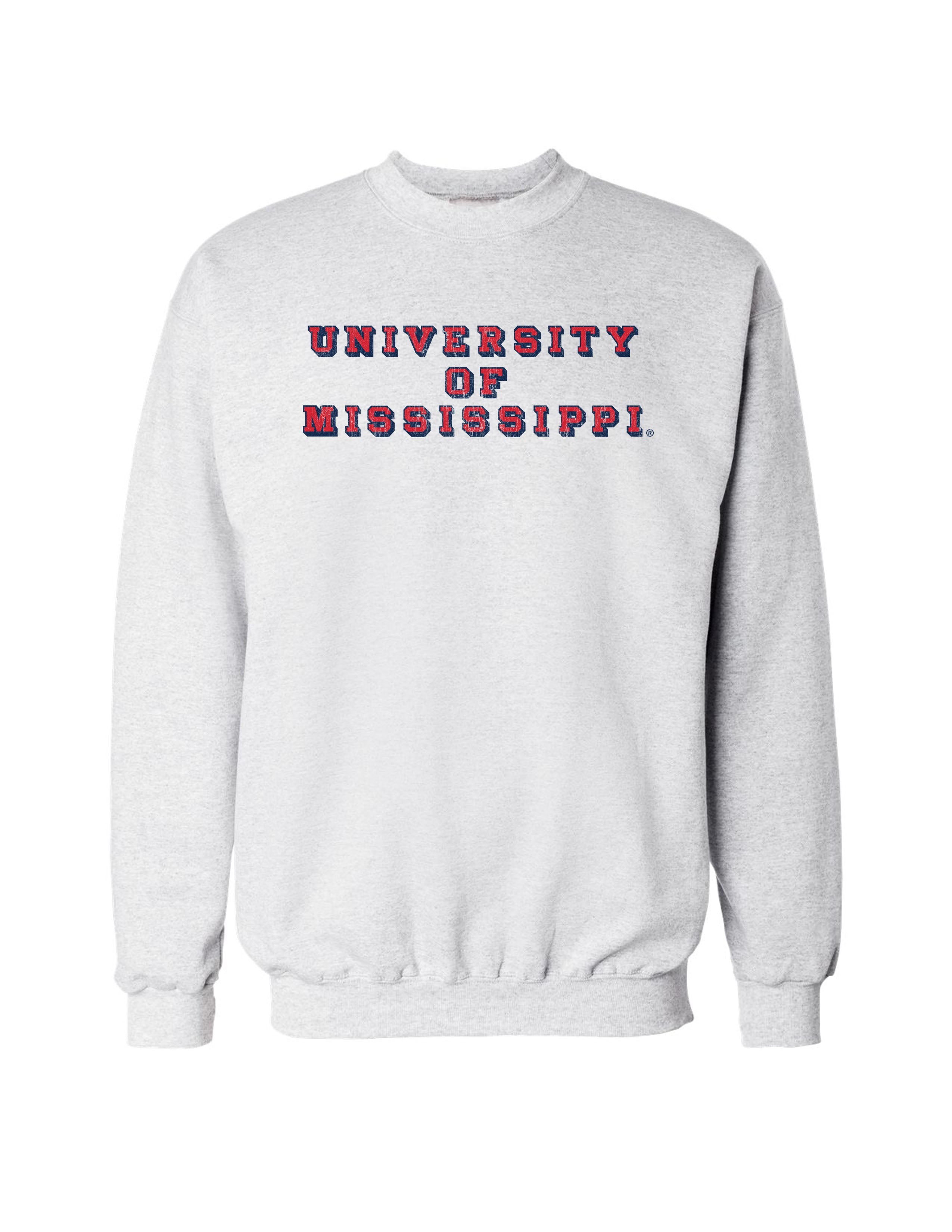 Ole Miss Light Grey Sweatshirt with Red text “University of Mississippi”