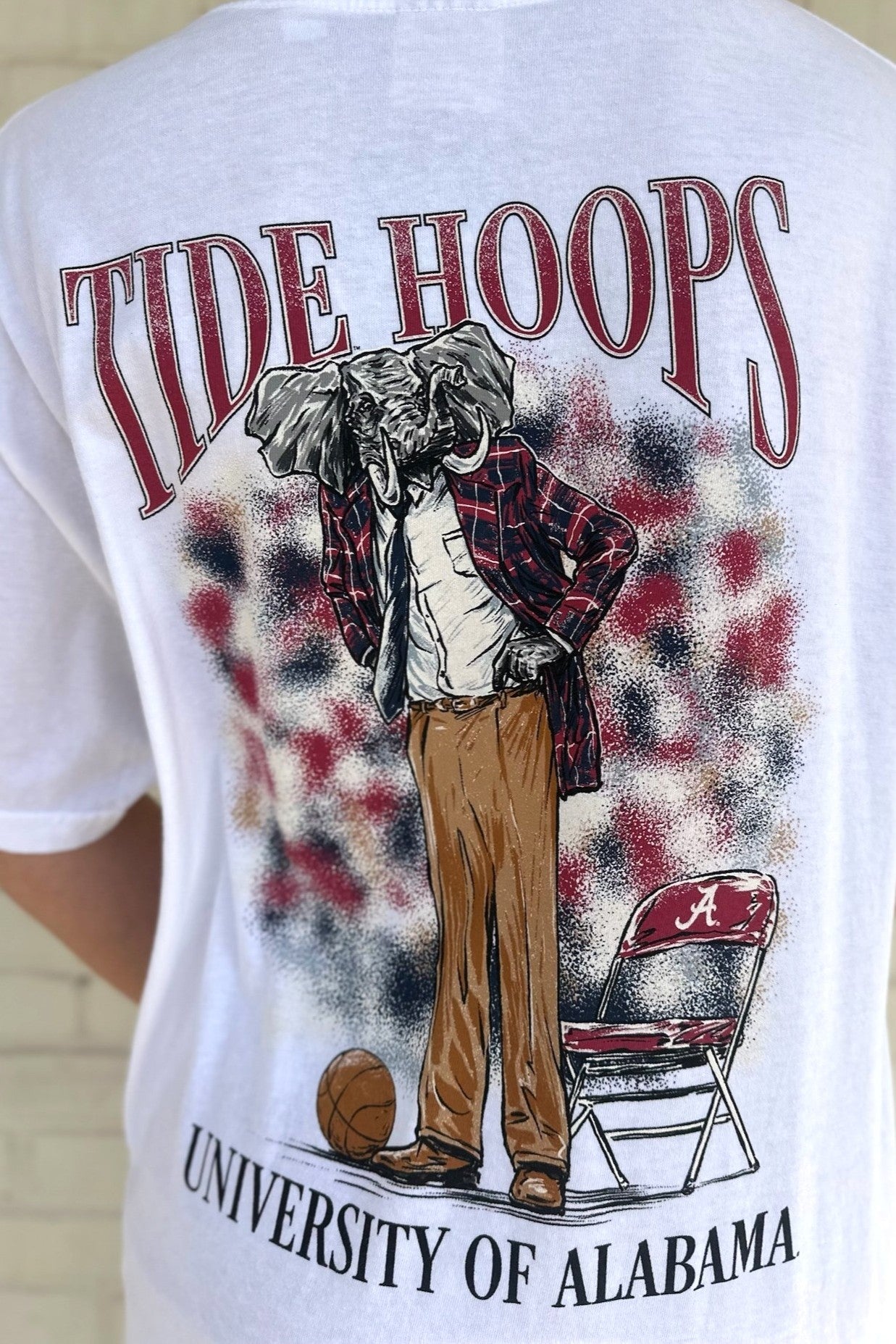 University of Alabama White Coach Big Al Comfort Colors T-Shirt with Re  text "Tide Hoops" above an image of Big Al in a suit, tie, and khakis at a basketball game
