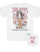 University of Alabama White Coach Big Al Comfort Colors T-Shirt with Re  text "Tide Hoops" above an image of Big Al in a suit, tie, and khakis at a basketball game