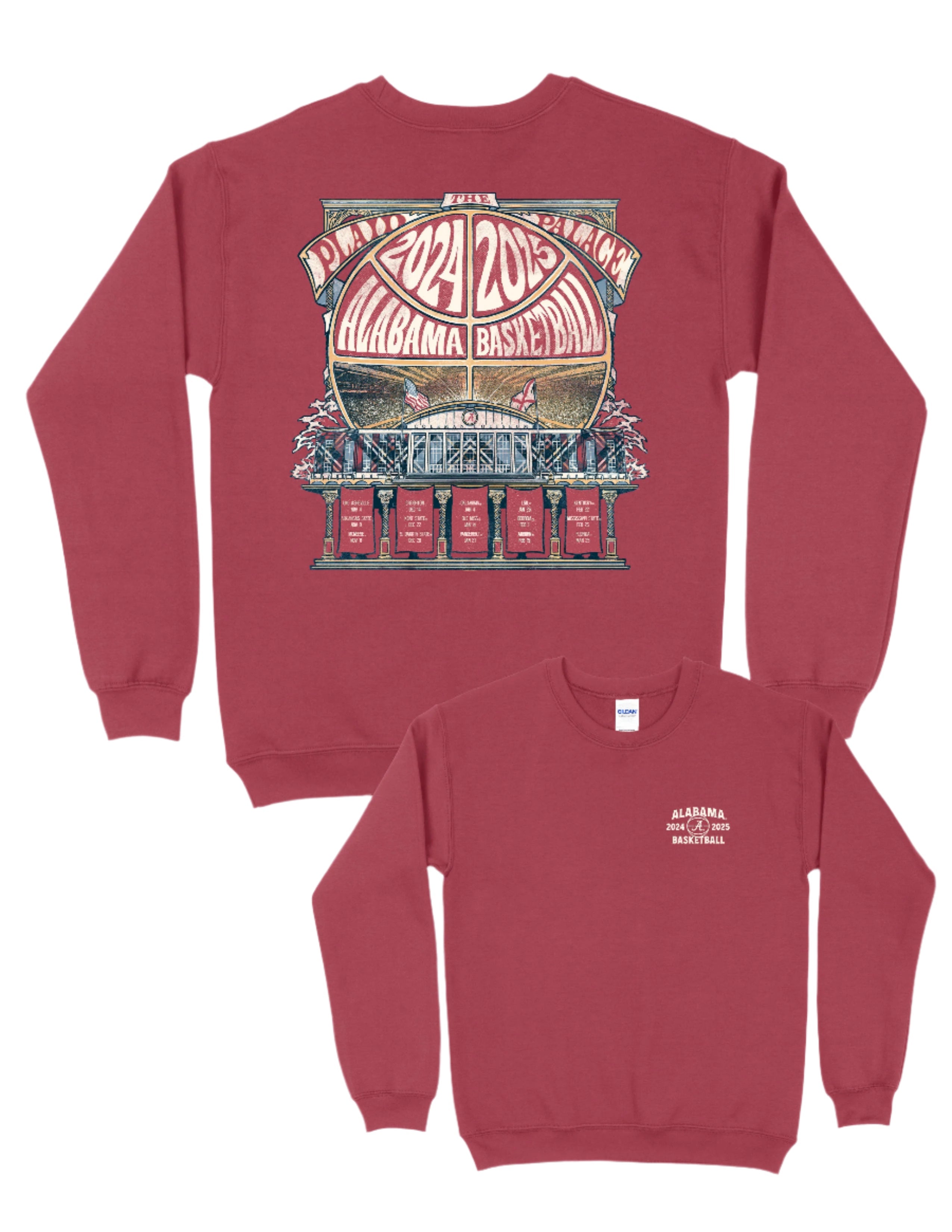 University of Alabama Red Coleman Coliseum Sweatshirt with a graphic of a basketball outline with white text "2024 2025 Alabama Basketball" behind Coleman Coliseum