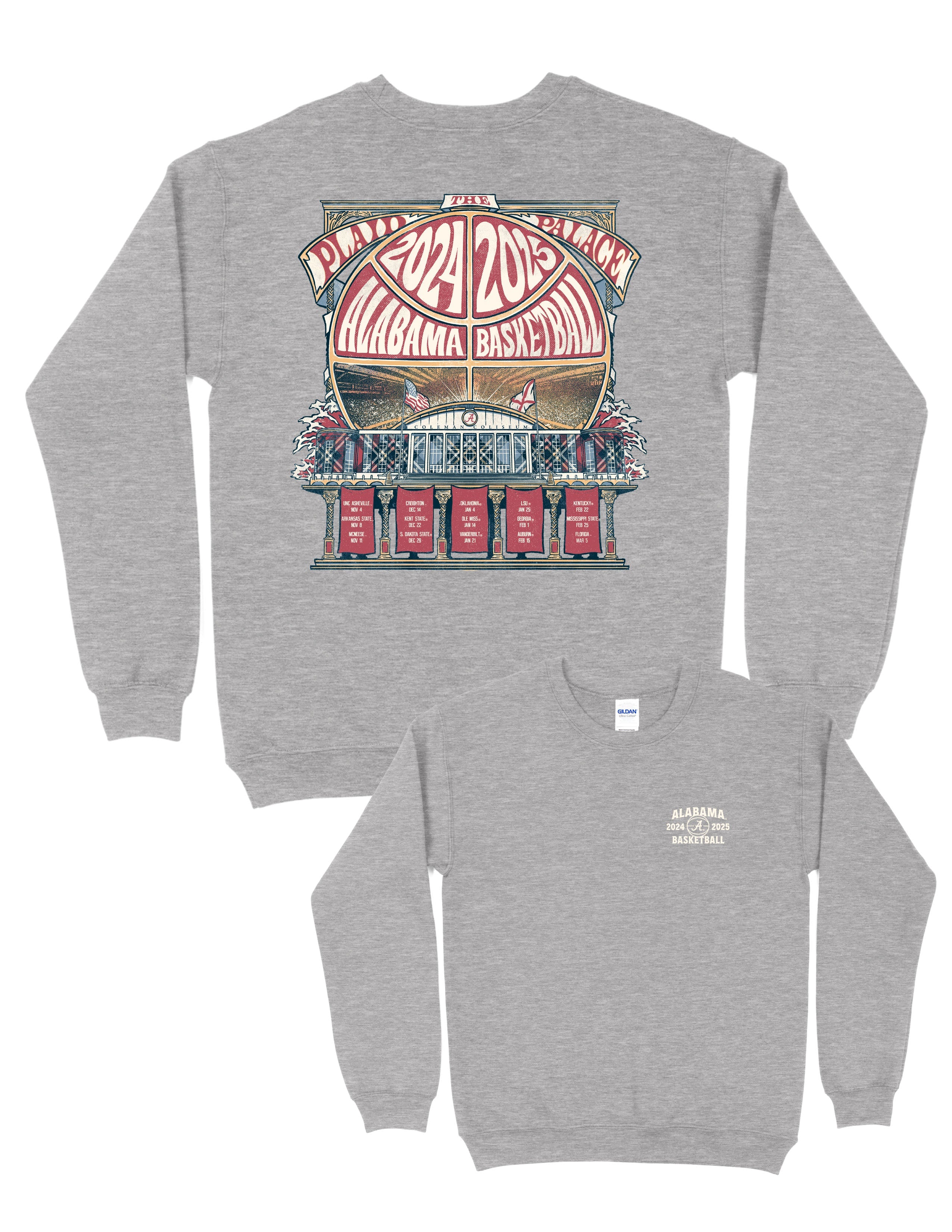 University of Alabama Grey Coleman Coliseum Sweatshirt with a graphic of a basketball outline with white text "2024 2025 Alabama Basketball" behind Coleman Coliseum