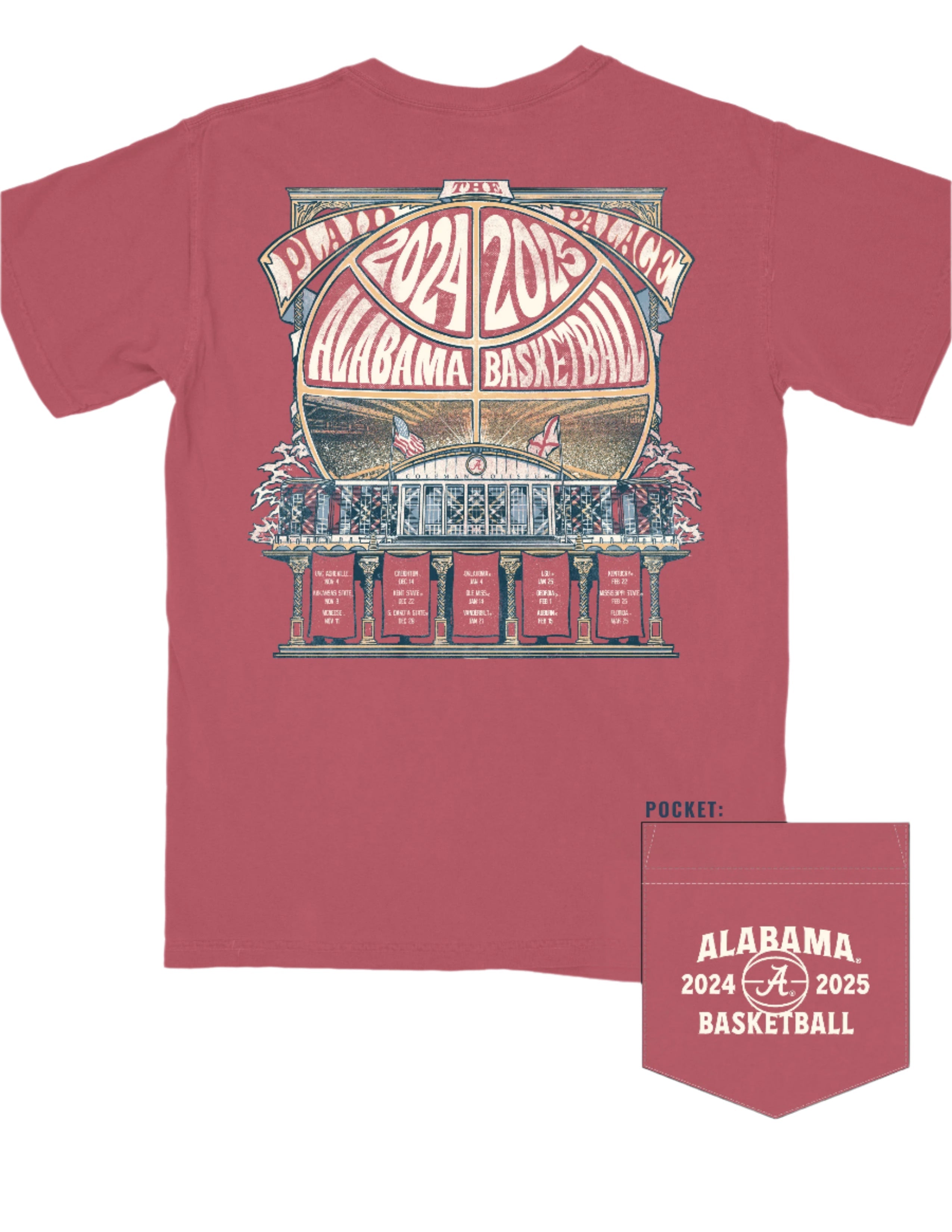 University of Alabama Red Coleman Coliseum T-Shirt with a graphic of a basketball outline with white text "2024 2025 Alabama Basketball" behind Coleman Coliseum