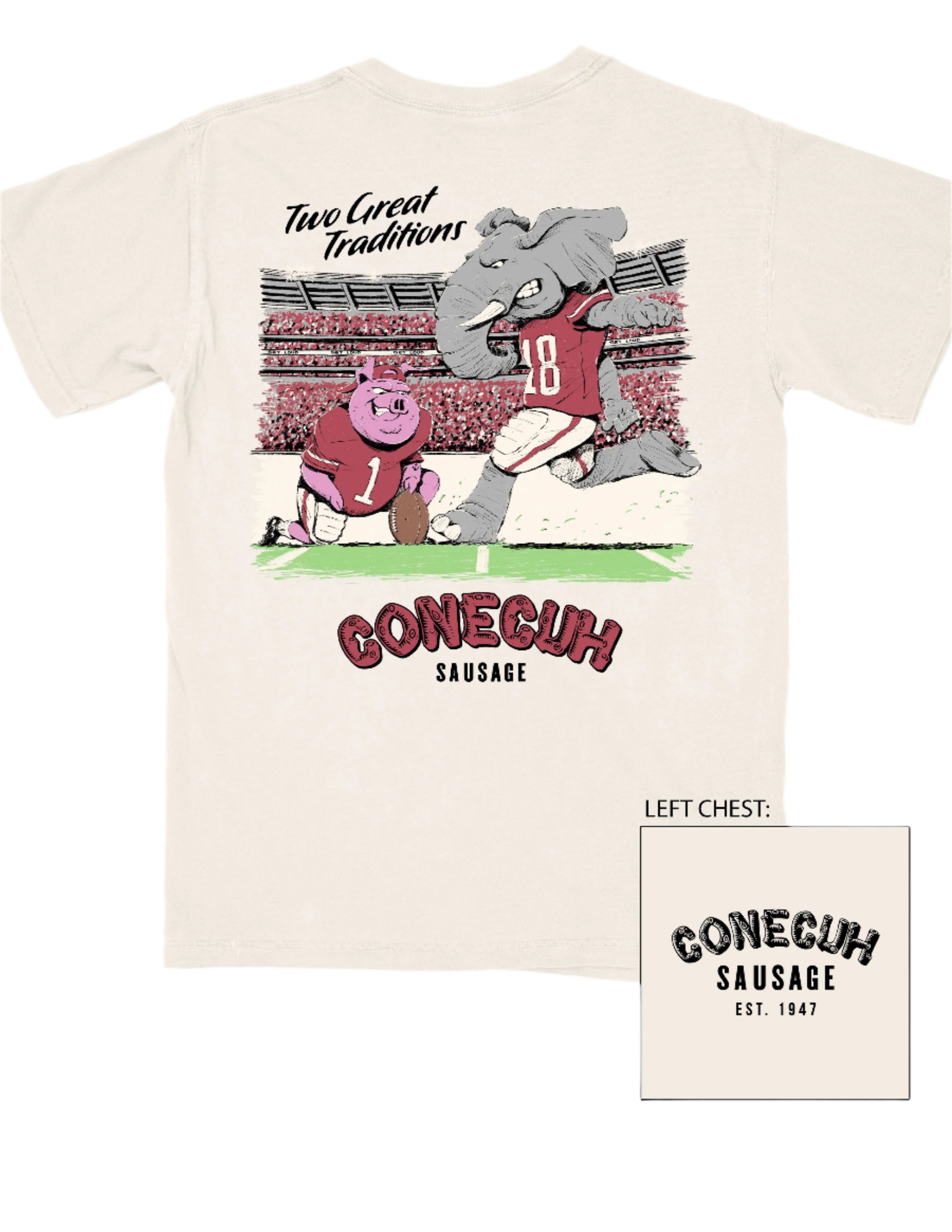 University of Alabama Conecuh Traditions Ivory Comfort Colors T-Shirt with Black text "Two Great Traditions" above an illustration of a pig holding a football for Big Al to kick 