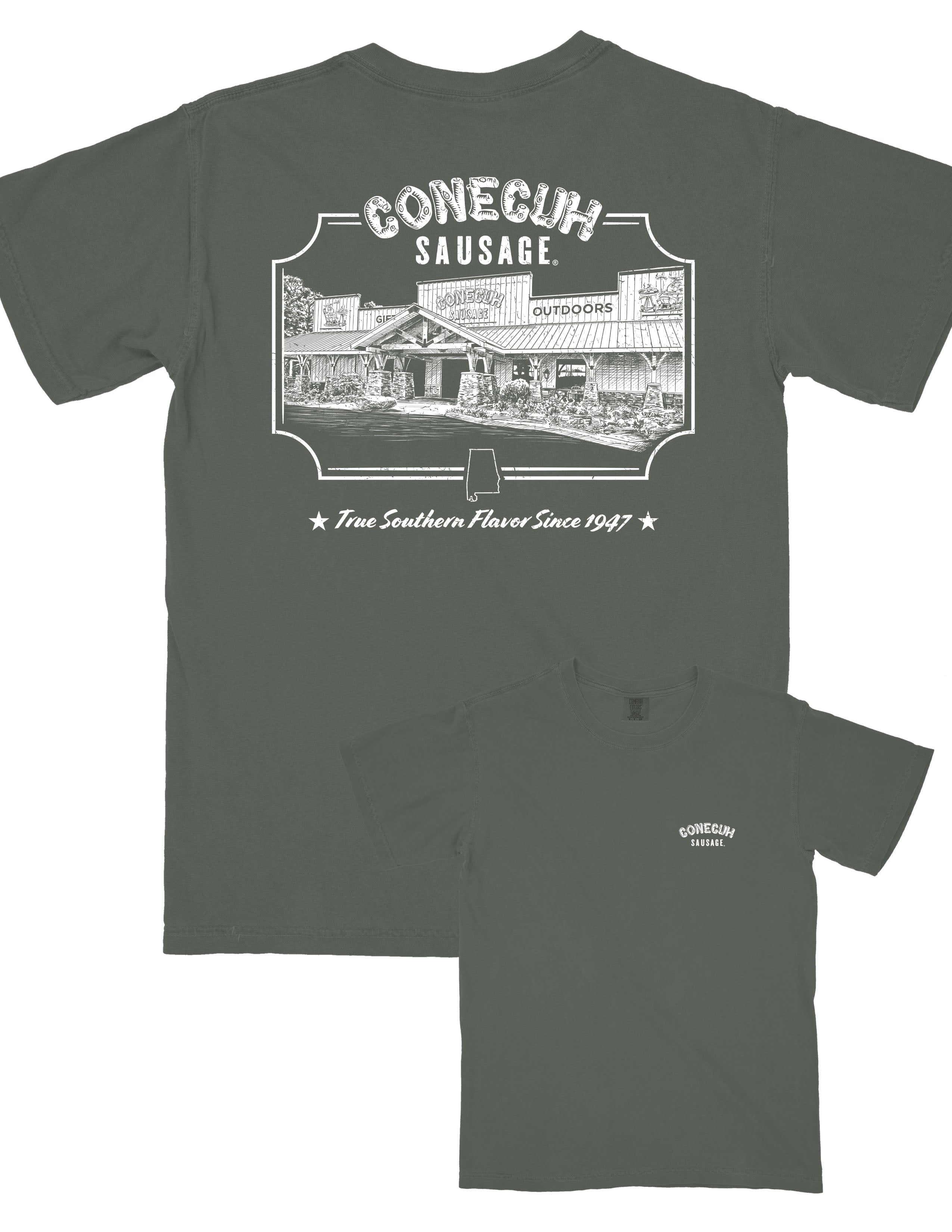 Conecuh Dark Green Shirt with an illustration of the old Conecuh Sausage building