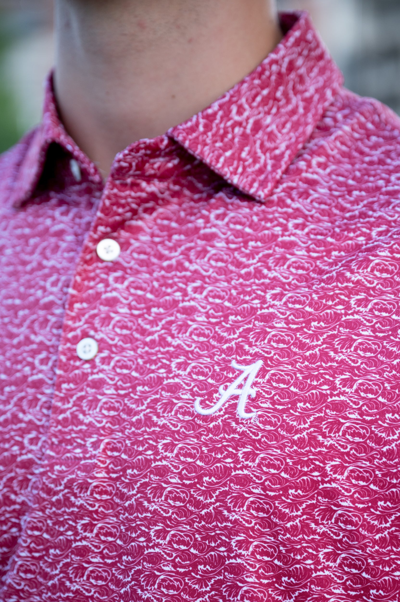 University of Alabama Red Men's Performance Polo with a White wave pattern and White Script A embroidery