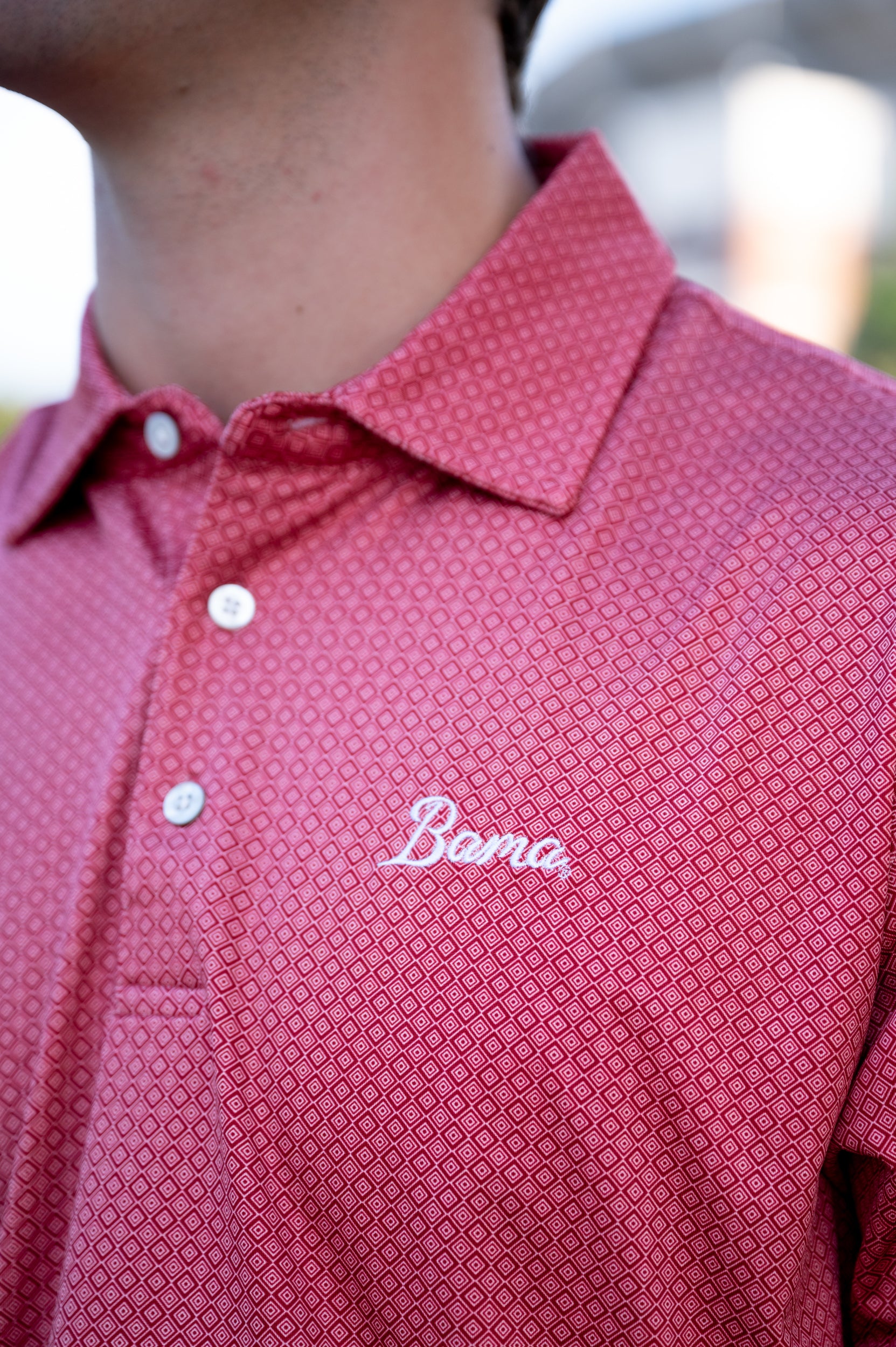University of Alabama Red Men's Diamond Polo with White script "Bama" Embroidery