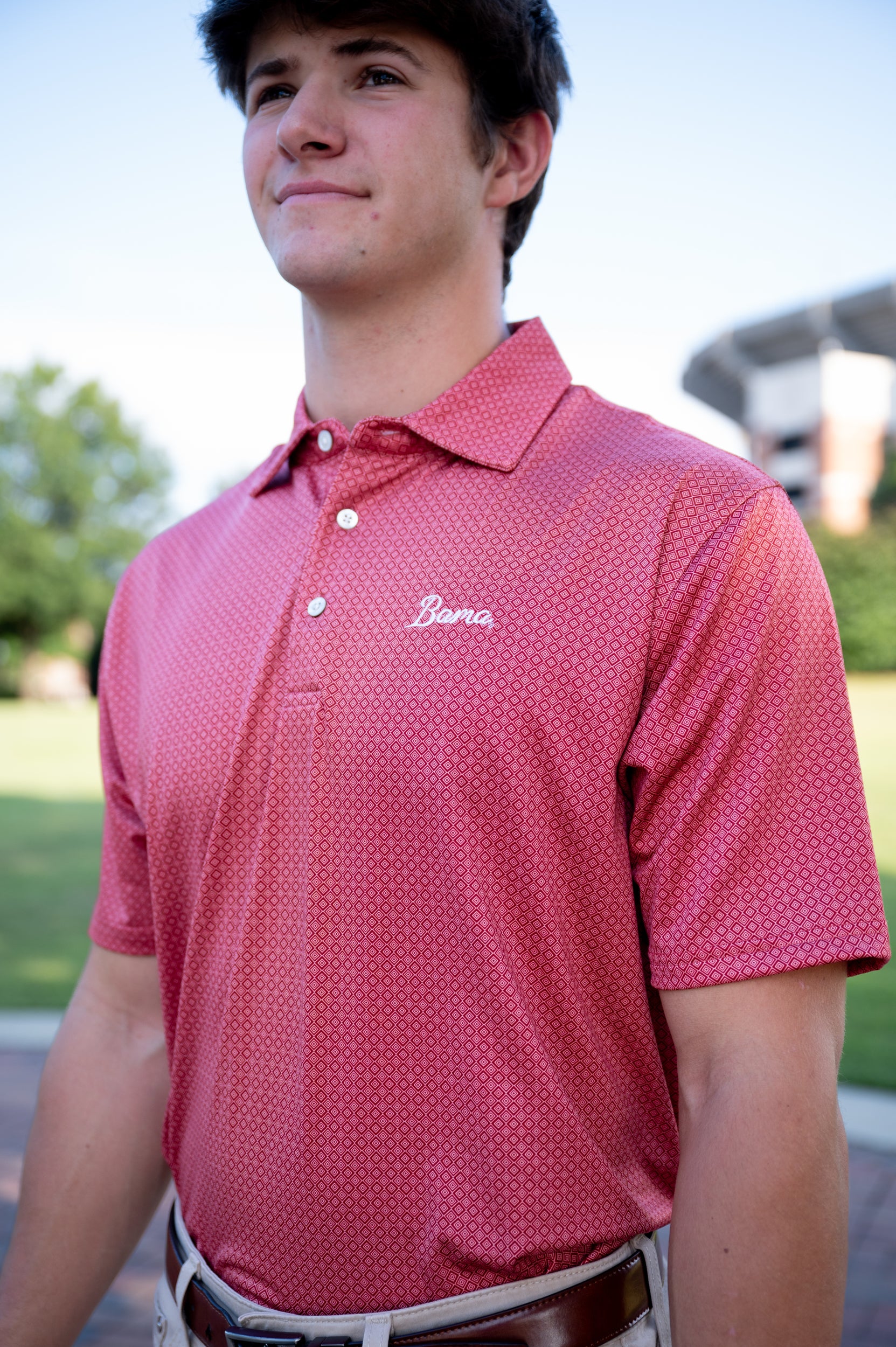 University of Alabama Red Men's Diamond Polo with White script "Bama" Embroidery