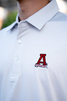 University of Alabama Grey Men's Houndstooth Polo with a subtle Light Grey houndstooth pattern and a Red embroidered Block A