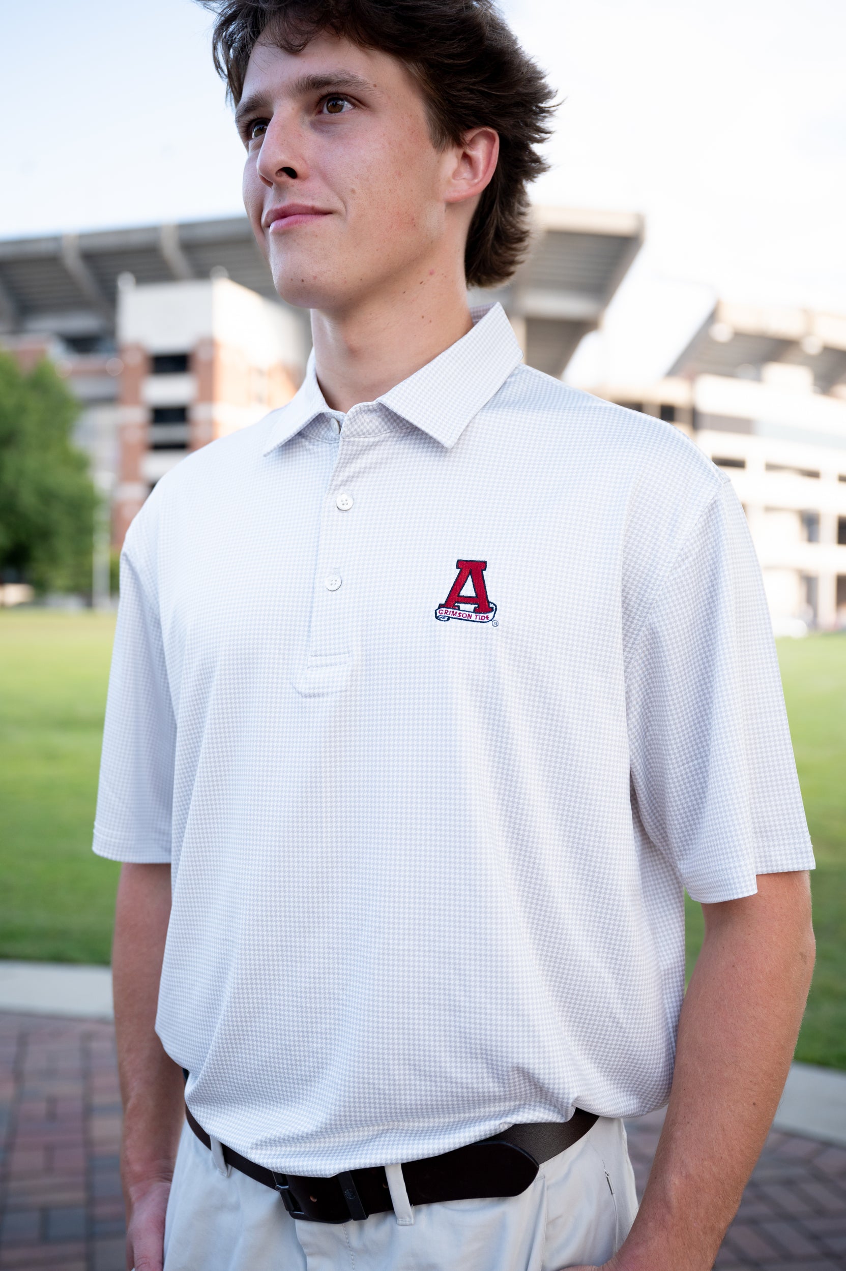 University of Alabama Grey Men's Houndstooth Polo with a subtle Light Grey houndstooth pattern and a Red embroidered Block A