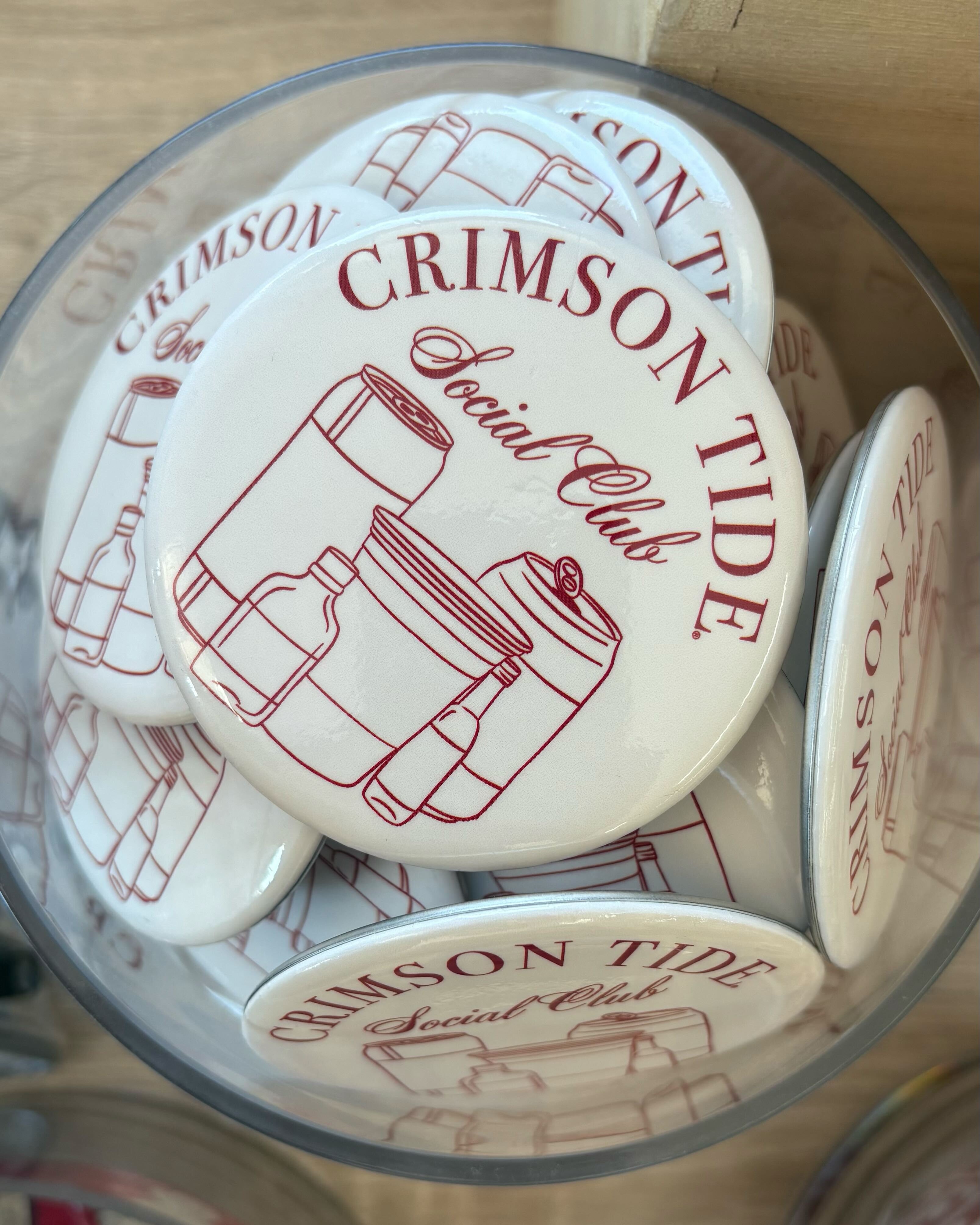University of Alabama Ivory Button with Red text “Crimson Tide Social Club” and outlines of cans and cups