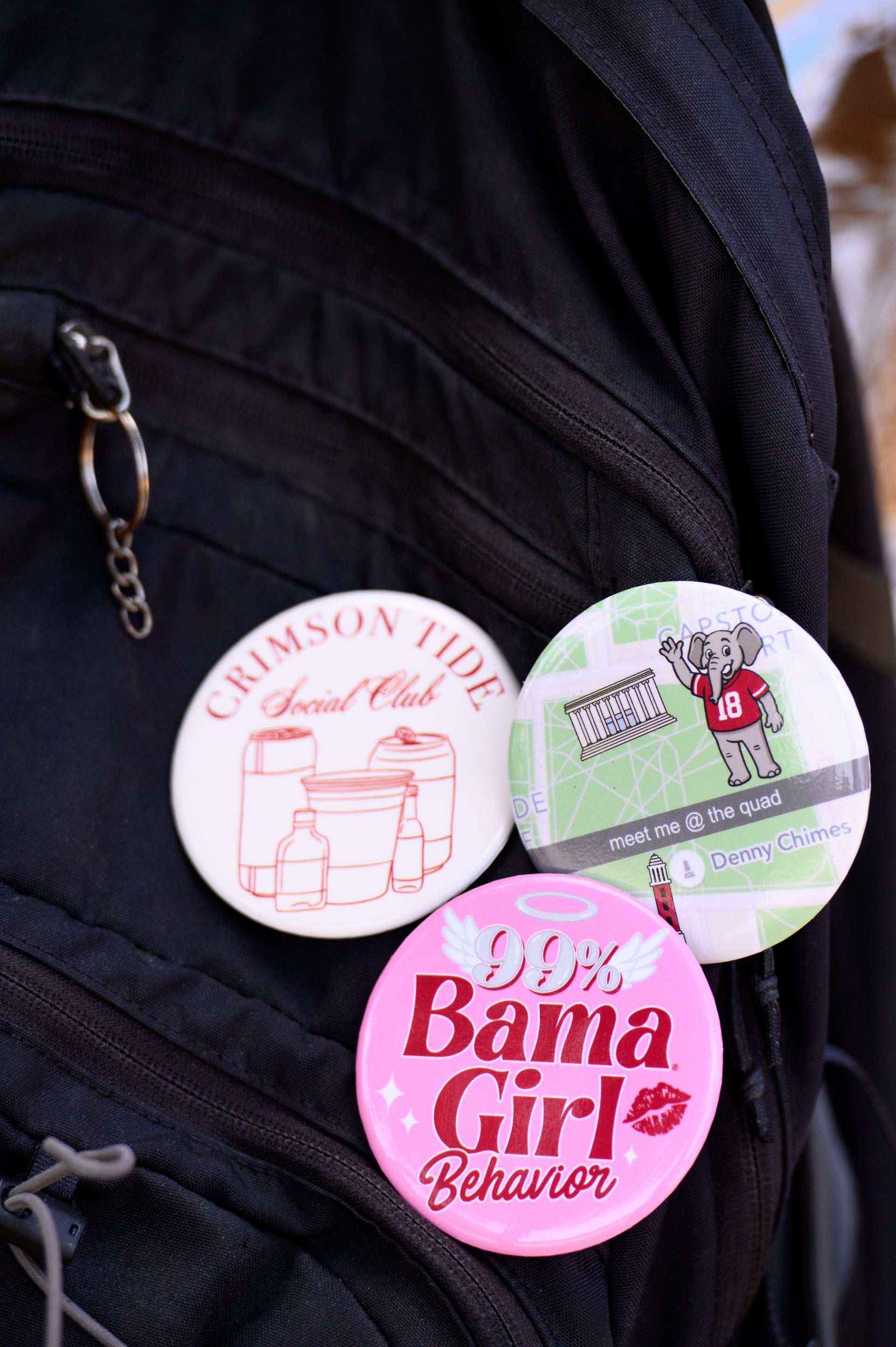 University of Alabama Ivory Button with Red text “Crimson Tide Social Club” and outlines of cans and cups