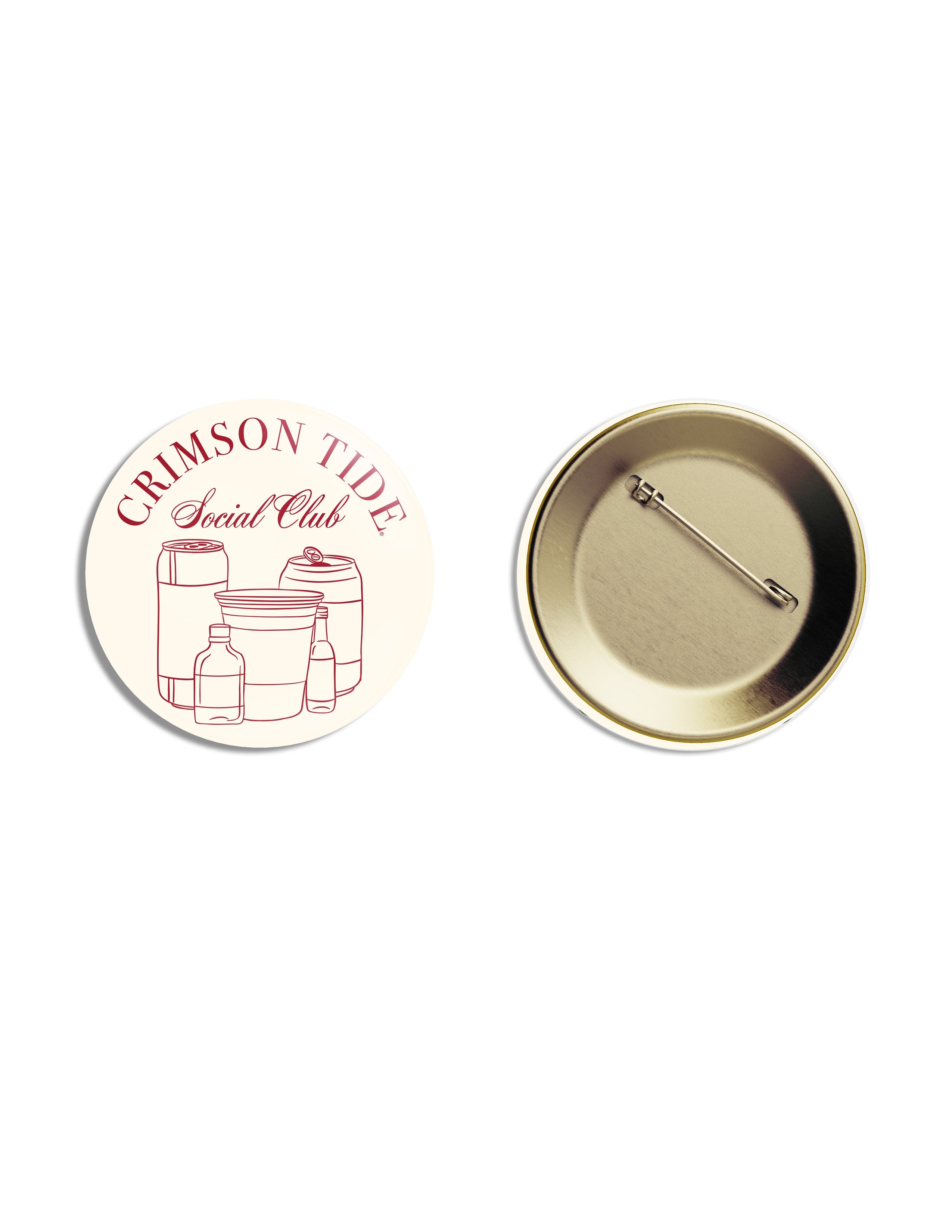 University of Alabama Ivory Button with Red text “Crimson Tide Social Club” and outlines of cans and cups