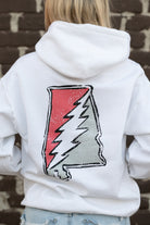 Crimson and Grey Grateful State 
White Gildan Hoodie with a Red and Grey print of the Alabama "Grateful State" Logo