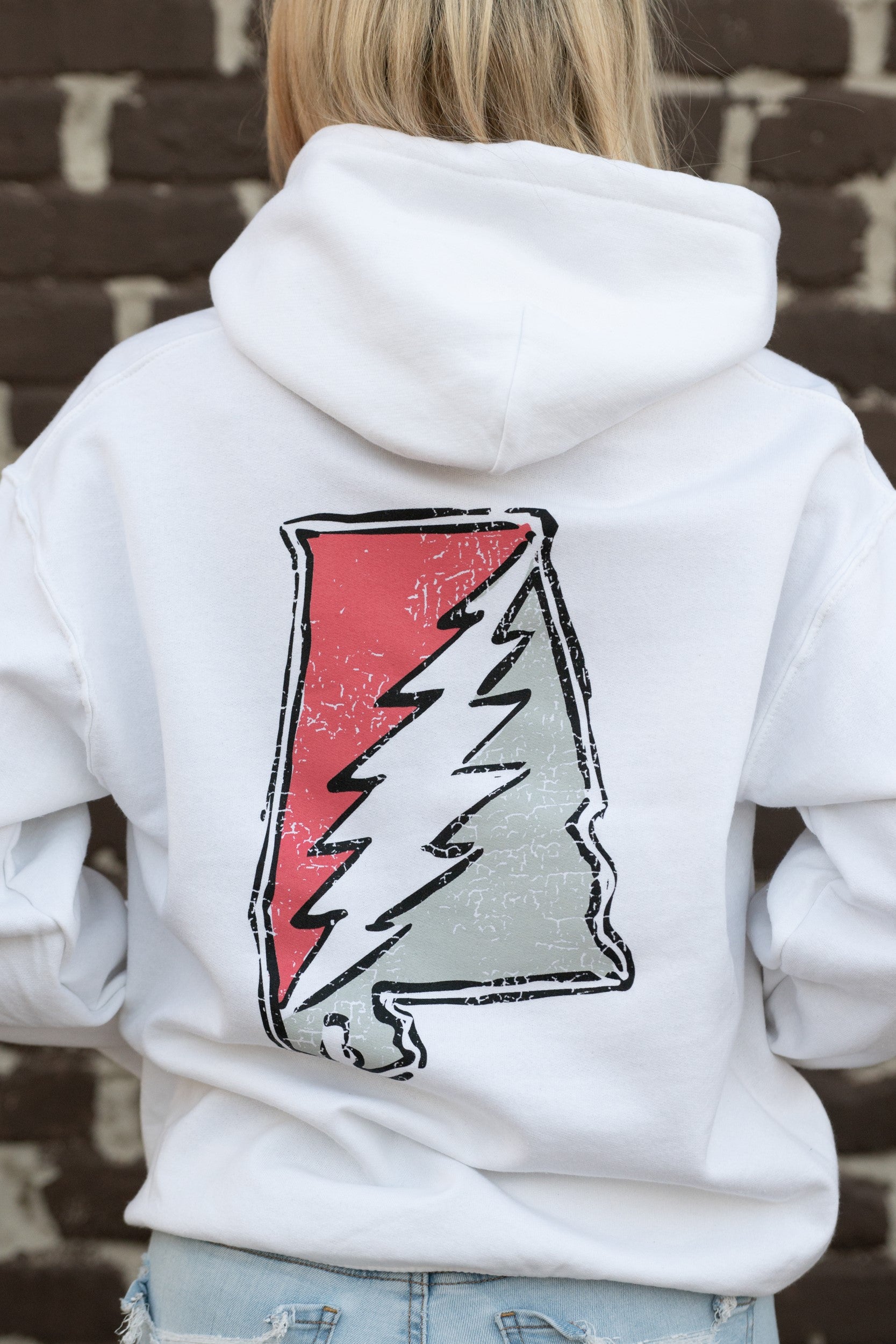Crimson and Grey Grateful State 
White Gildan Hoodie with a Red and Grey print of the Alabama "Grateful State" Logo