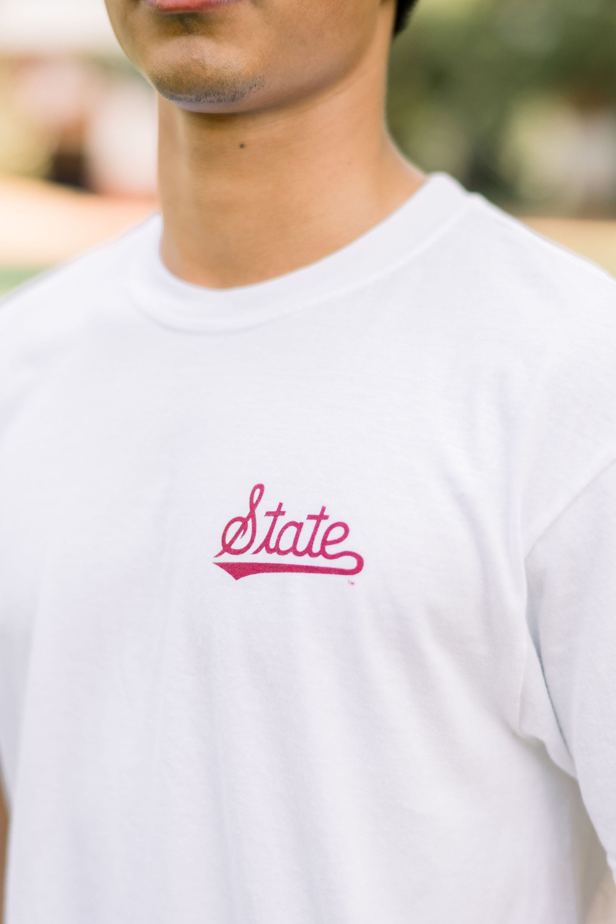 Mississippi State White T-Shirt with a Red “Script State” logo Front Chest design