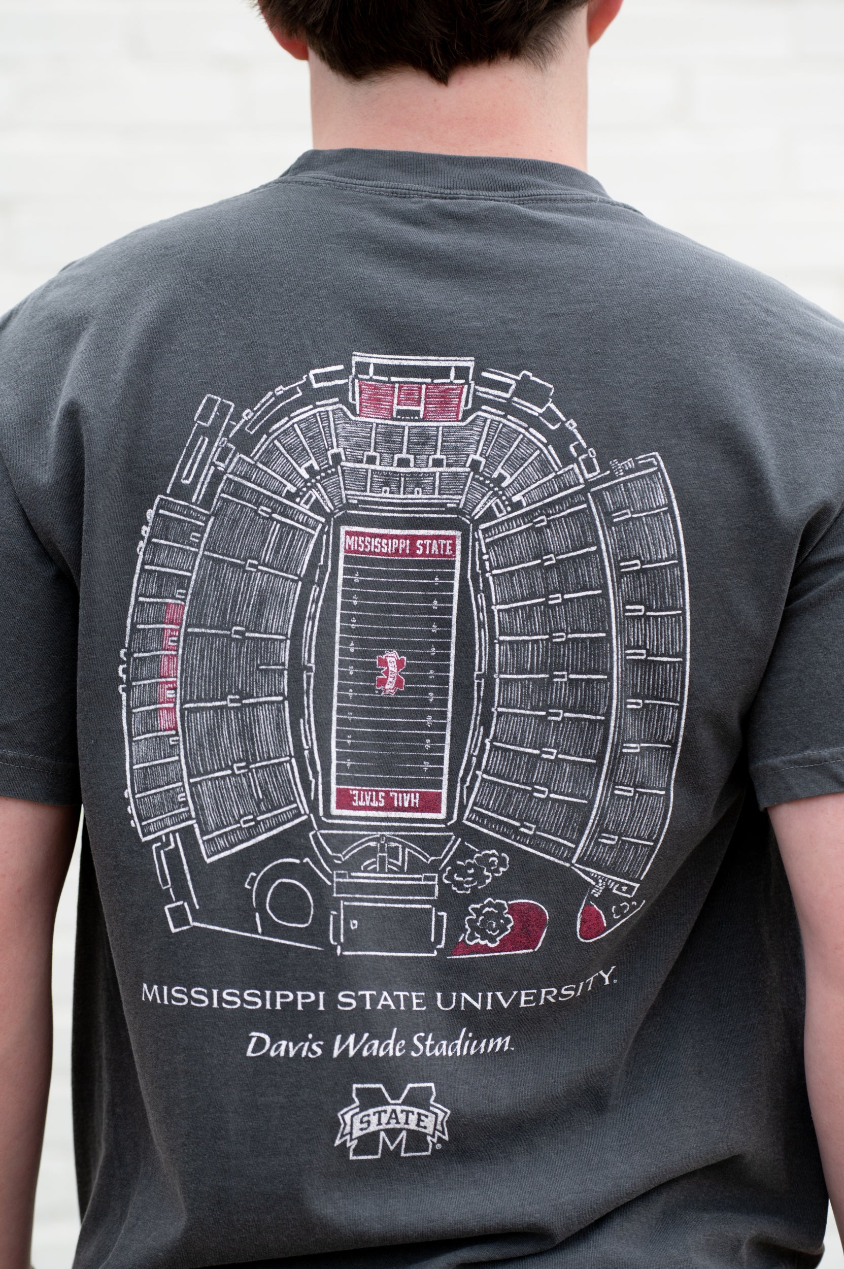 Mississippi State Dark Grey T-Shirt with a blueprint of the Davis Wade Stadium