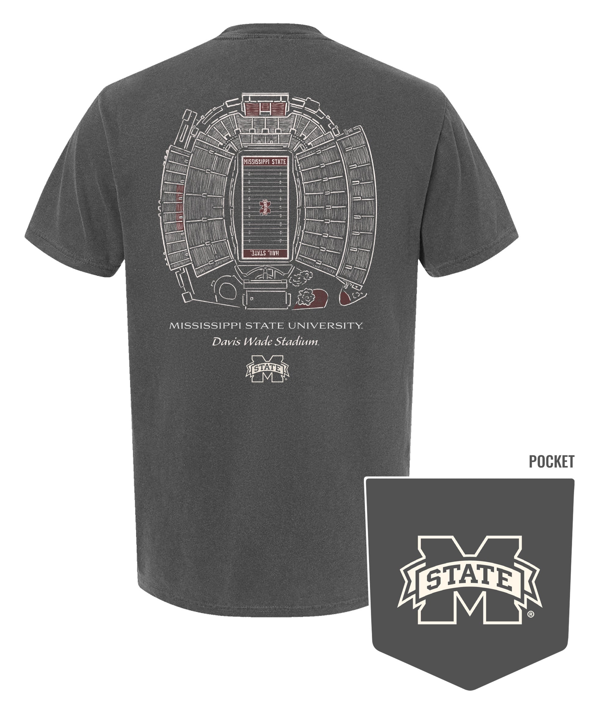 Mississippi State Dark Grey T-Shirt with a blueprint of the Davis Wade Stadium