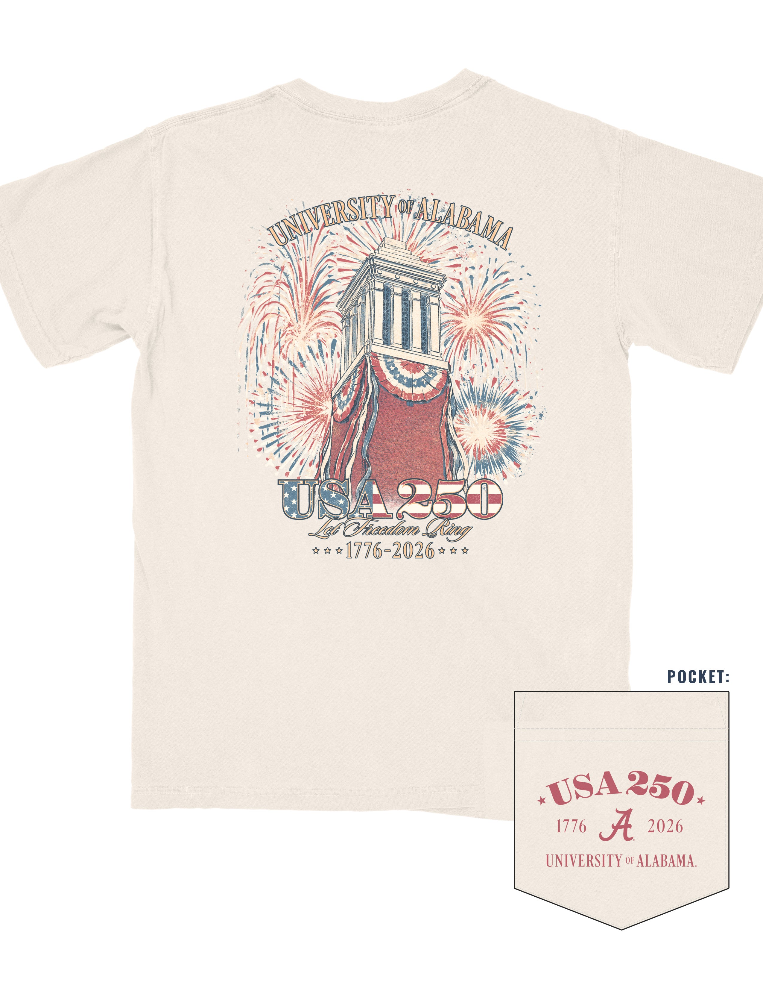 University of Alabama Ivory T-Shirt with an image of Denny Chimes decorated in Americana banners and fireworks exploding behind it with text “USA 250”