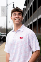 University of Alabama Red/Blue/White patterned Men’s Polo with Denney Chimes in a football embroidered on the chest 