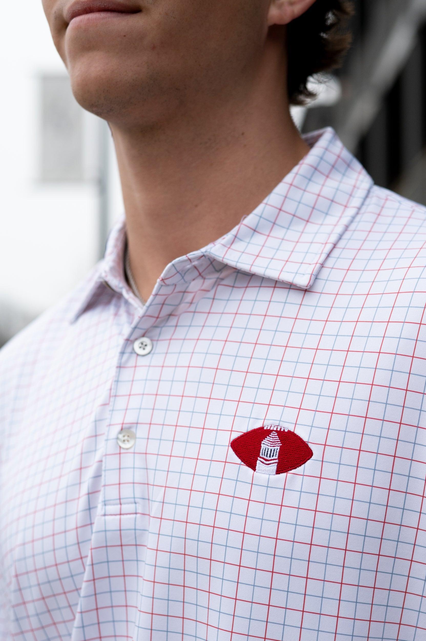 University of Alabama Red/Blue/White patterned Men’s Polo with Denney Chimes in a football embroidered on the chest 