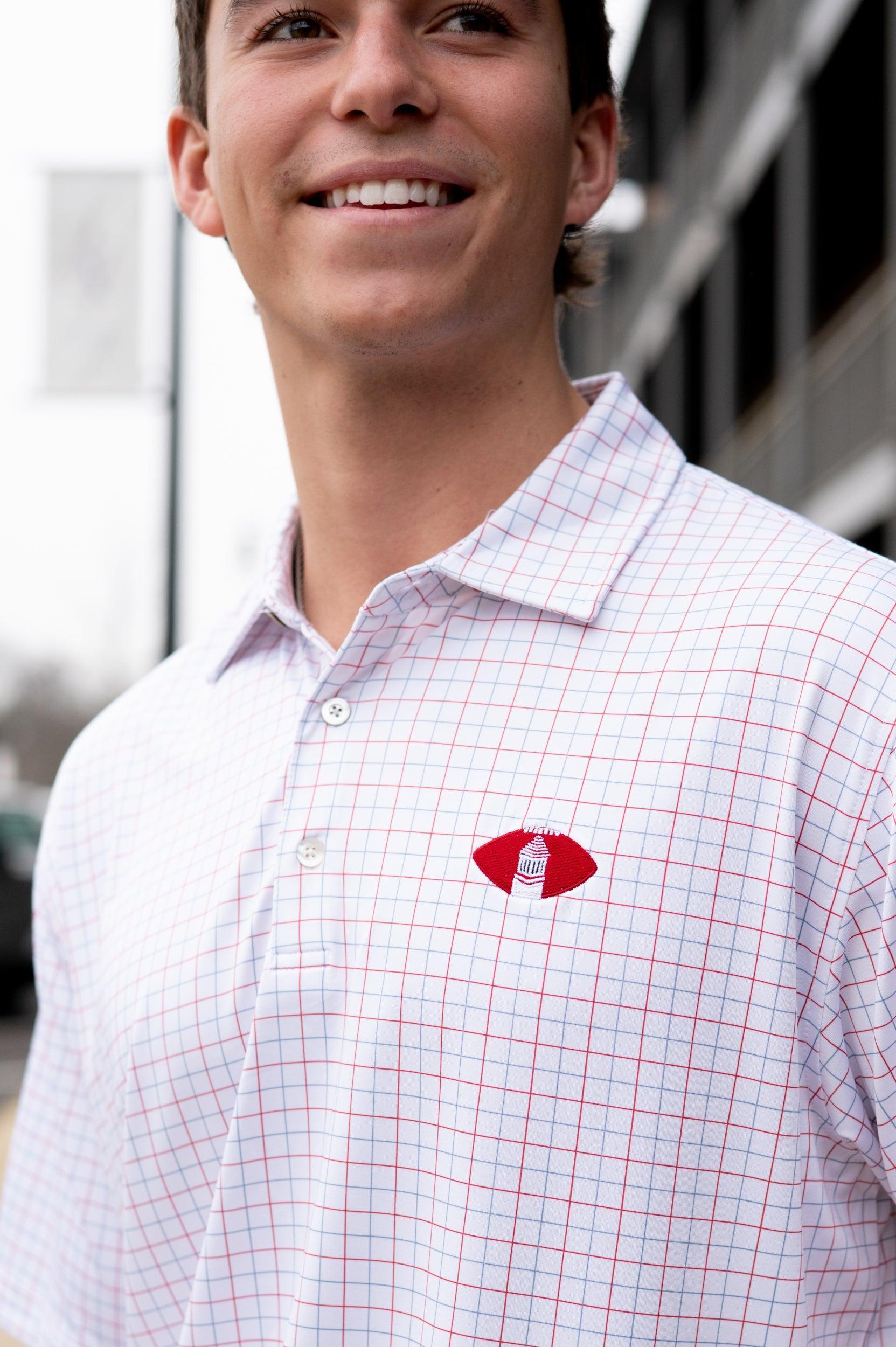 University of Alabama Red/Blue/White patterned Men’s Polo with Denney Chimes in a football embroidered on the chest 
