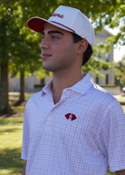 University of Alabama Red/Blue/White patterned Men’s Polo with Denney Chimes in a football embroidered on the chest 