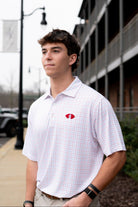 University of Alabama Red/Blue/White patterned Men’s Polo with Denney Chimes in a football embroidered on the chest 