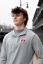 University of Alabama Grey Striped Men’s ¼ Zip Pullover with Denney Chimes in a football embroidered on the chest 