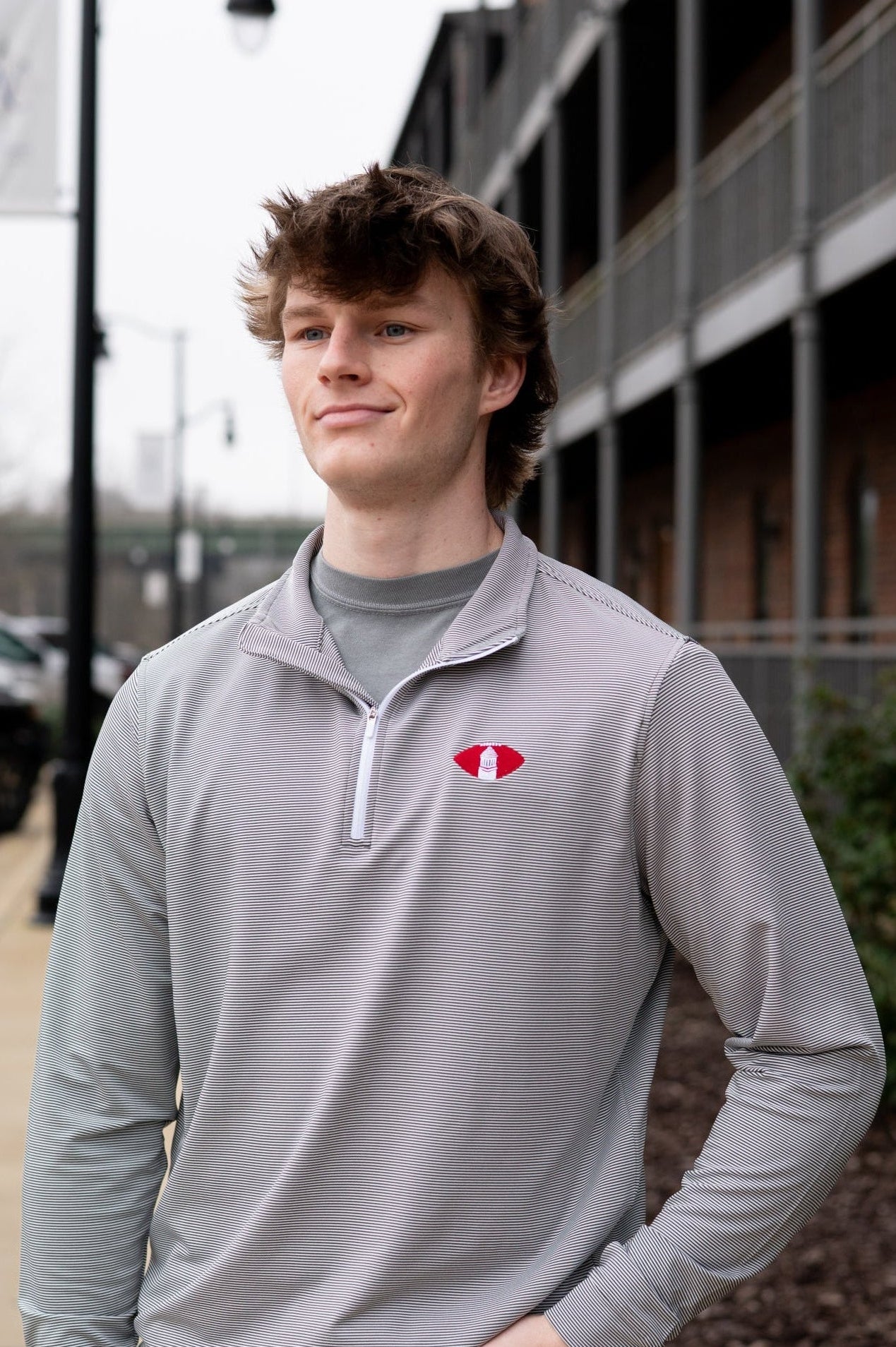 University of Alabama Grey Striped Men’s ¼ Zip Pullover with Denney Chimes in a football embroidered on the chest 