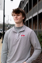 University of Alabama Grey Striped Men’s ¼ Zip Pullover with Denney Chimes in a football embroidered on the chest 