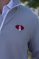 University of Alabama Grey Striped Men’s ¼ Zip Pullover with Denney Chimes in a football embroidered on the chest 