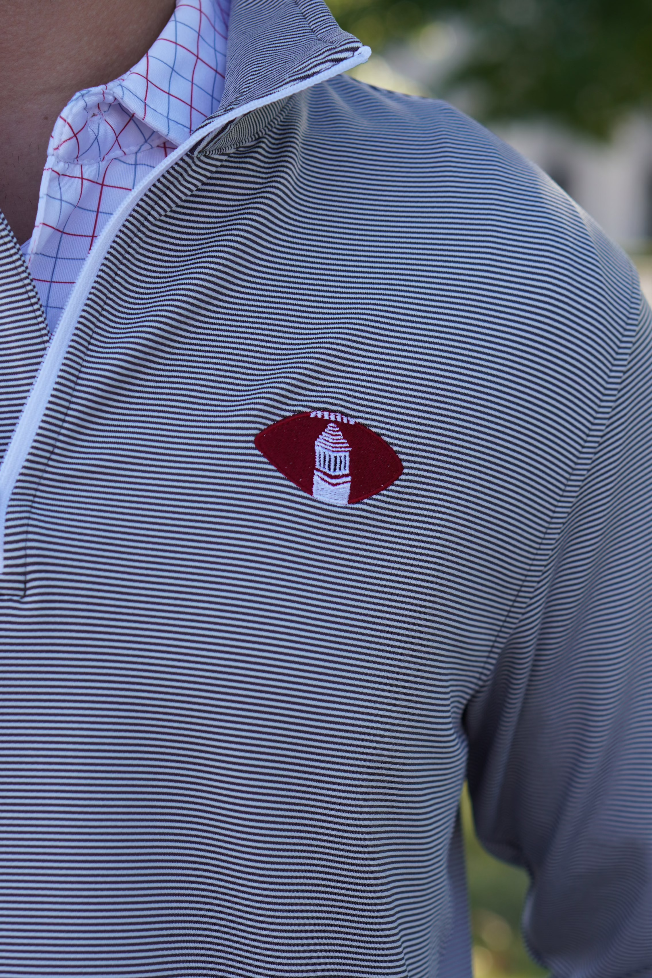 University of Alabama Grey Striped Men’s ¼ Zip Pullover with Denney Chimes in a football embroidered on the chest 