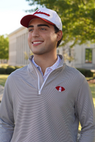 University of Alabama Grey Striped Men’s ¼ Zip Pullover with Denney Chimes in a football embroidered on the chest 