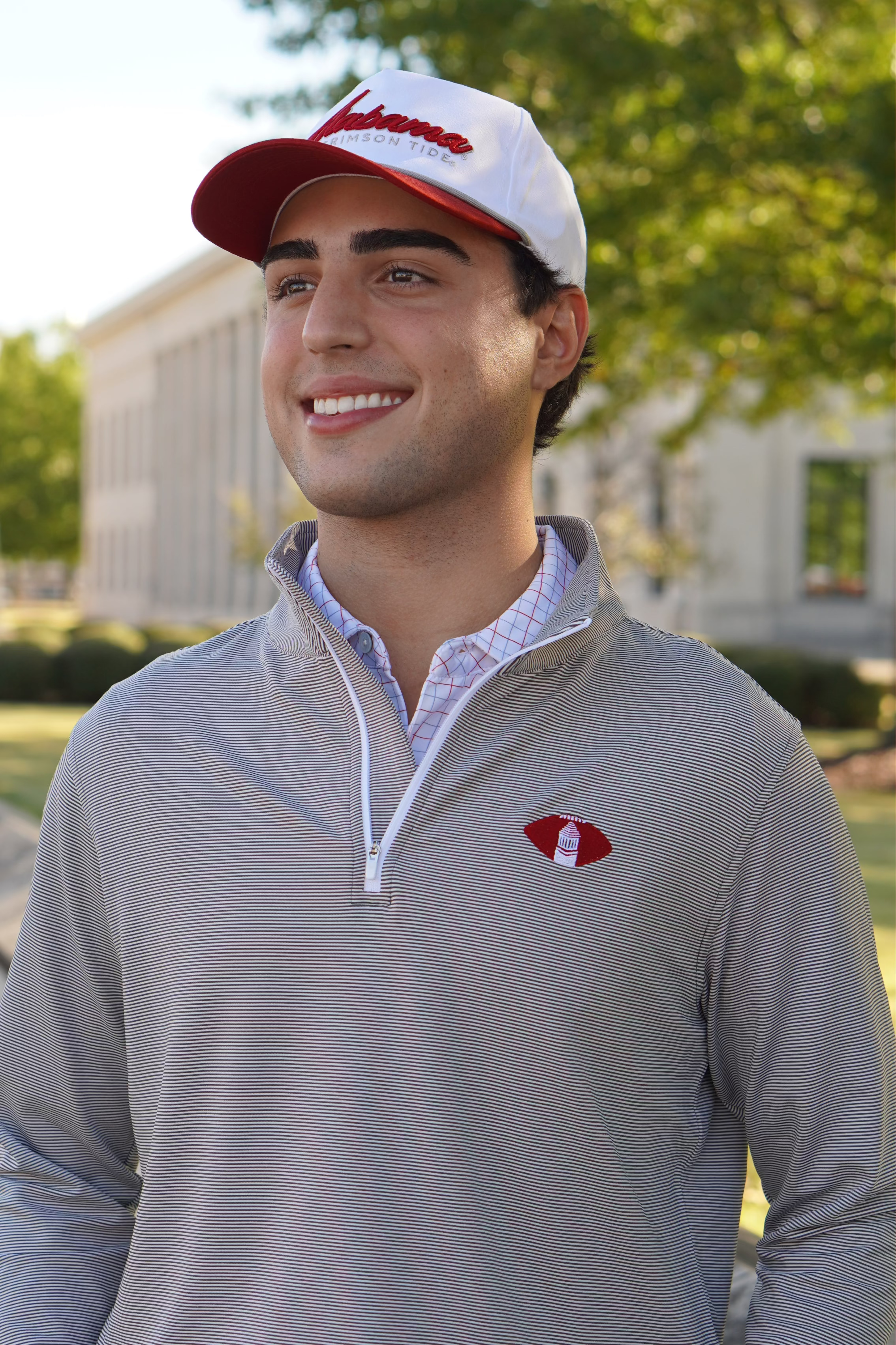 University of Alabama Grey Striped Men’s ¼ Zip Pullover with Denney Chimes in a football embroidered on the chest 