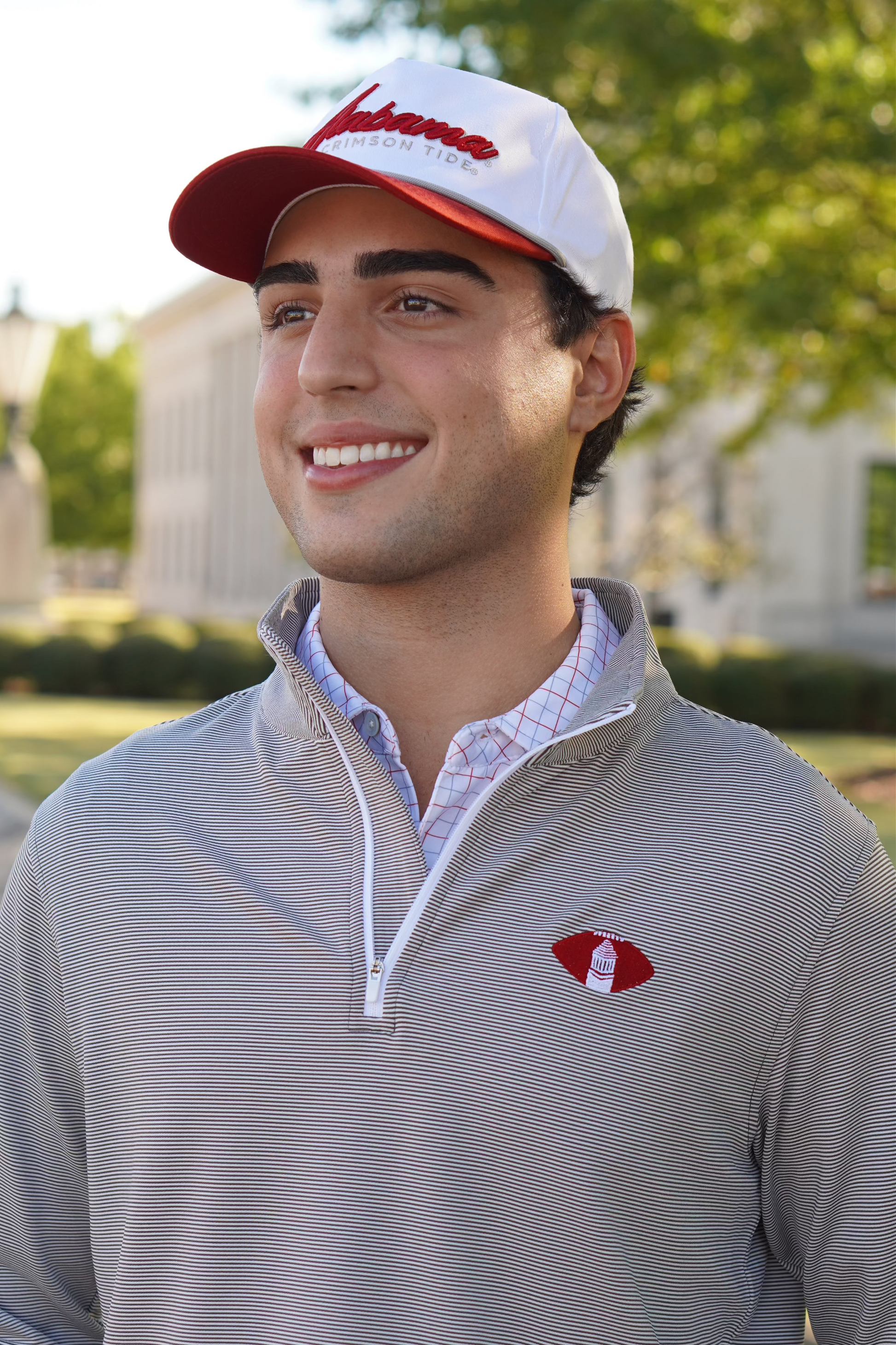 University of Alabama Grey Striped Men’s ¼ Zip Pullover with Denney Chimes in a football embroidered on the chest 
