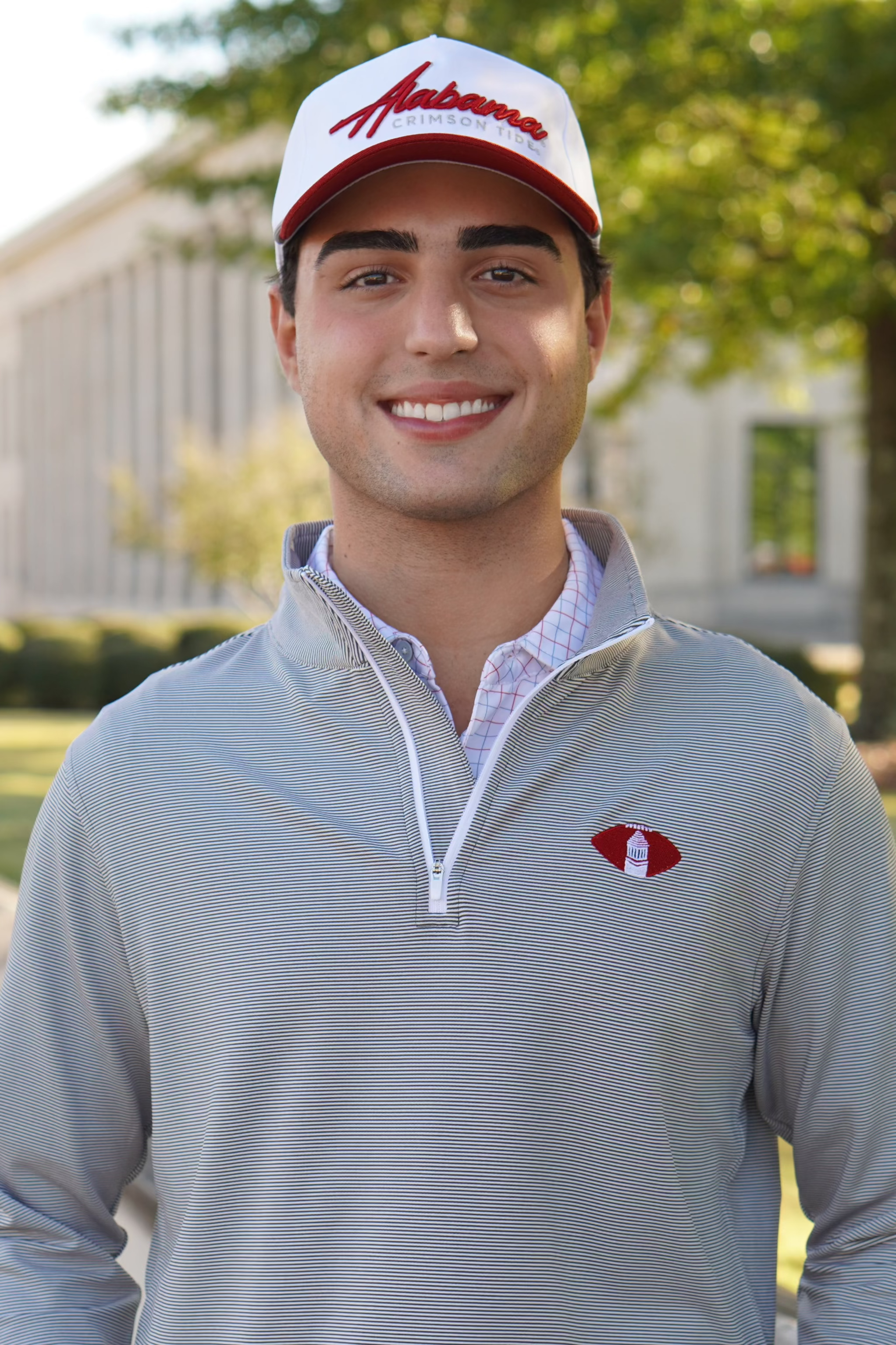 University of Alabama Grey Striped Men’s ¼ Zip Pullover with Denney Chimes in a football embroidered on the chest 