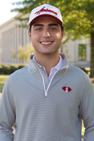 University of Alabama Grey Striped Men’s ¼ Zip Pullover with Denney Chimes in a football embroidered on the chest 